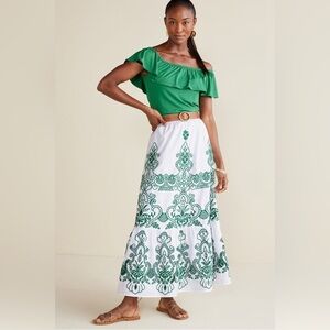Soft Surroundings Ramona Maxi Skirt M White Green Resort Embroidered Cotton